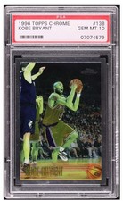 1996 Topps Chrome #138 Kobe Bryant ROOKIE PSA 10 HOF Lakers NBA Basketball Card. rookie card picture