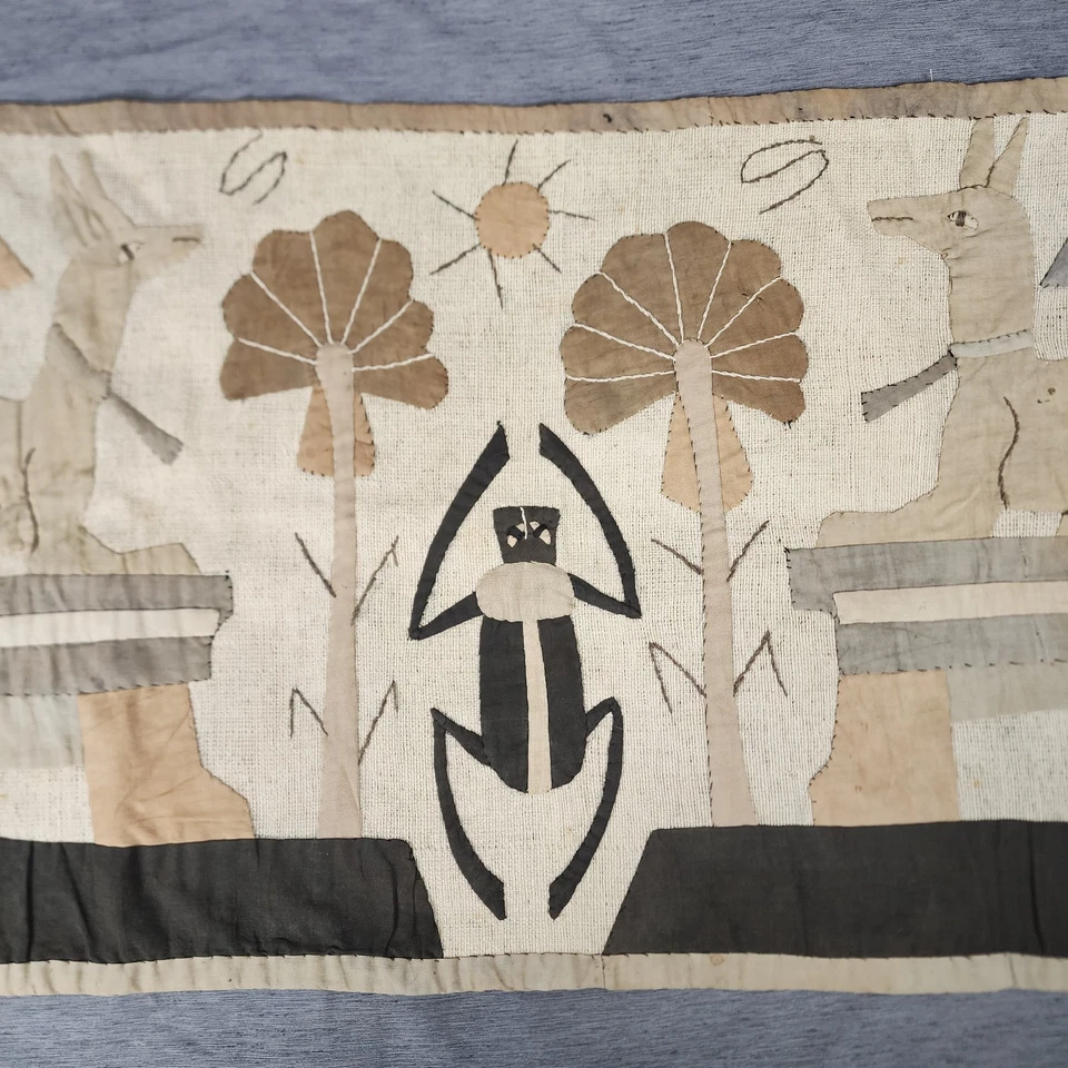 Antique Egyptian Revival Wall Quilt 1920s Hand Sewn Folk Art Anubis Dog Scarab - Image 4 of 4