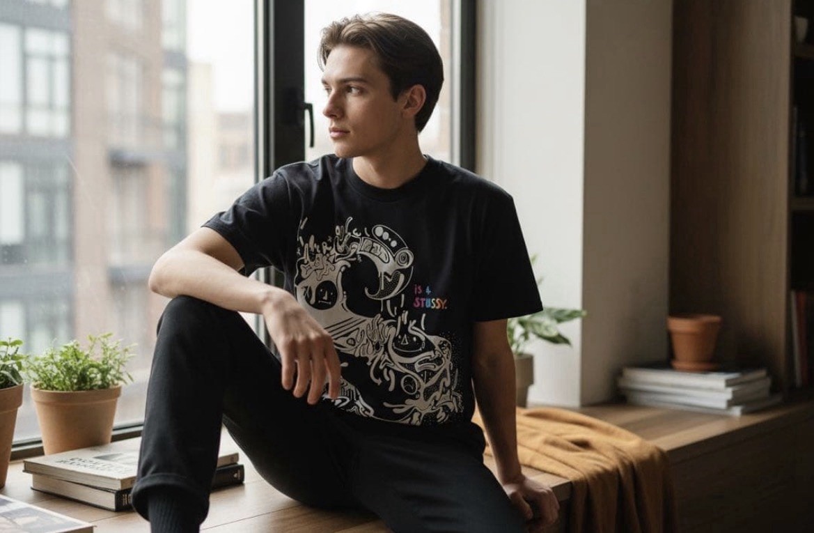 Stussy Graphic T-Shirt L Black 00s Abstract Art Drip “is 4 STUSSY