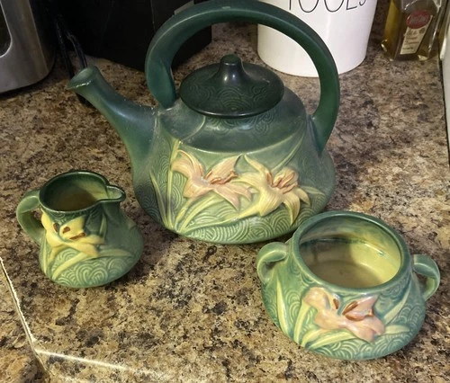 Roseville Zephyr Lily Green 1946 Art Pottery Teapot Sugar Bowl Creamer Tea Set 7