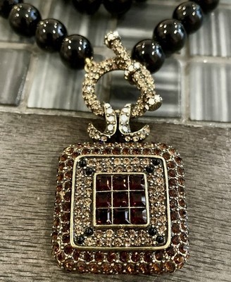 Heidi Daus Black Beaded Square Brown Yellow Crystal Pendant Statement Necklace