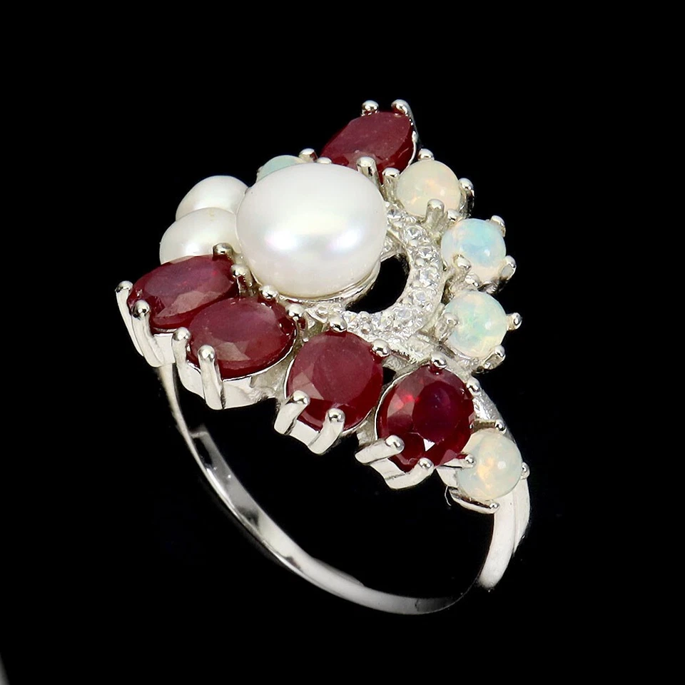925 Sterling Silber Ring Oval Rubin 5x4mm Feueropal Perle Edelstein Schmuck 8,5 - Bild 2 von 4