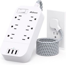Flat Power Strip - 5 FT Plug Extension Cord, 6 Outlets 3 USB Ports Outlet Extend