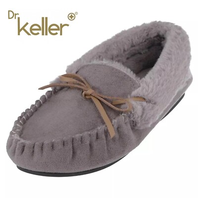 DR KELLER WOMENS FAUX SUEDE COMFY FUR LINED MOCCASIN SLIP ON FULL SLIPPERS  SIZE UK