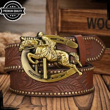Mens Cowboy Leather Belt Buckle Casual Retro High Quality Strap Brown Gold Horse