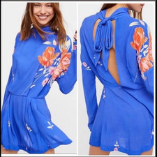 Free People Gemma Blue Floral Long Sleeve Tunic Minidress Open Back Size Medium