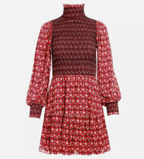 Alice Olivia Dress Elvira Smocked Abstract Mini Balloon Sleeve Cottage, 8 NWT