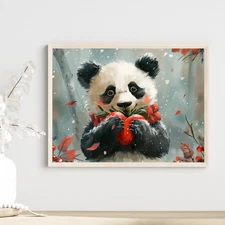 Valentines Day Panda Bear Holding Heart Home Painting Wall Art Print On Canvas