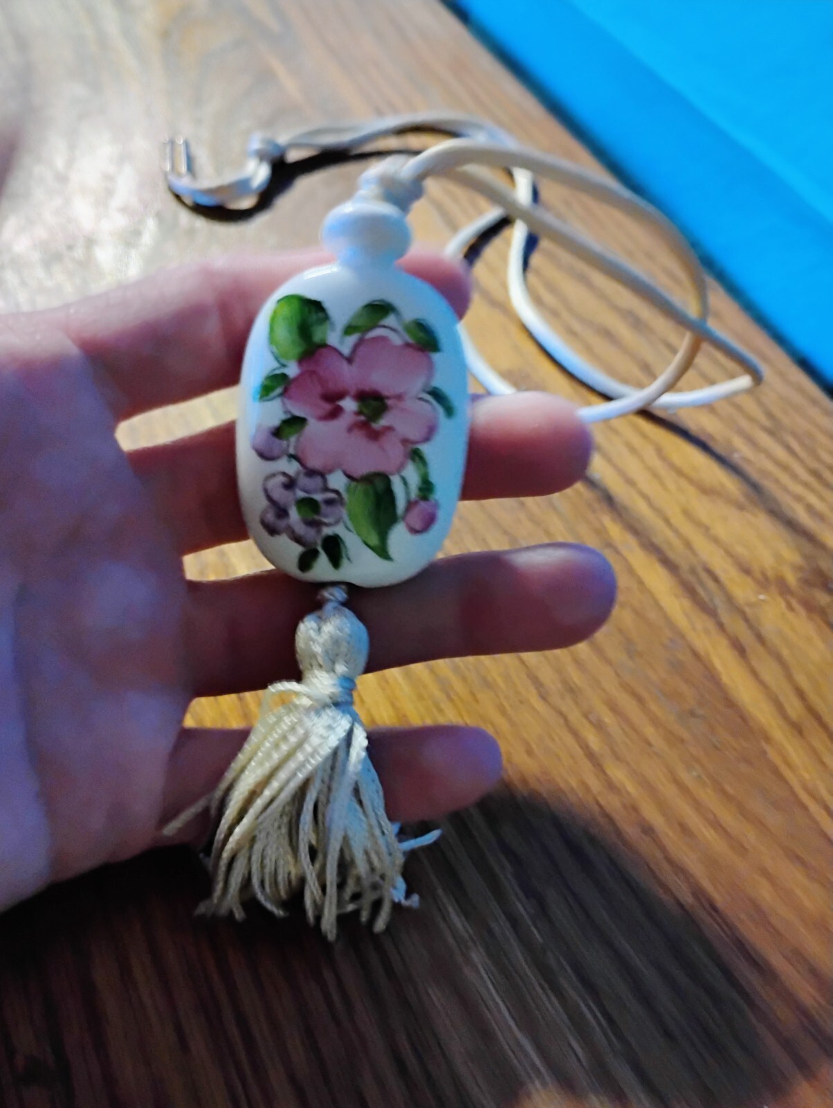 Vintage Floral Porcelain Pendant W/ Tassel Necklace White W/ Pink Flowers