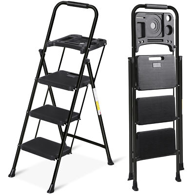 Step Ladder 3-Step Ladder with Tool Platform Folding Ladder Lightweight Black