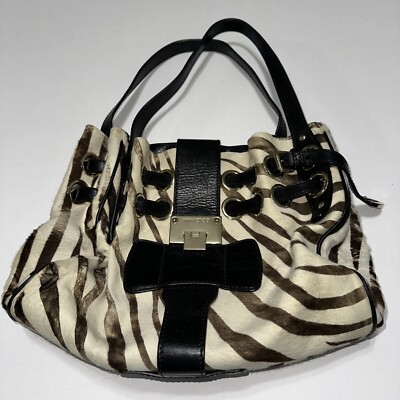 JIMMY CHOO Ramona Pony Calf Hair Brown Cream Medium Shoulder Bag Zebra Prin