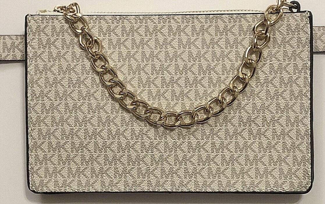 NWT MICHAEL KORS VANILLA SIGNATURE LOGO PULL CHAIN BELT BAG 