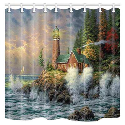 Nautical Lighthouse Shower Curtain, Sunset Sea Wave Coastal Cabin, Green 
