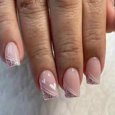 Mid-Length European Square False Nails, Simple Love Heart & Stripe Design