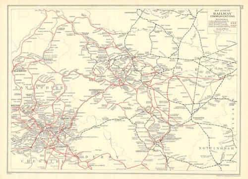 YORKSHIRE & LANCASHIRE Railway map Manchester Sheffield Bradford Leeds 1935