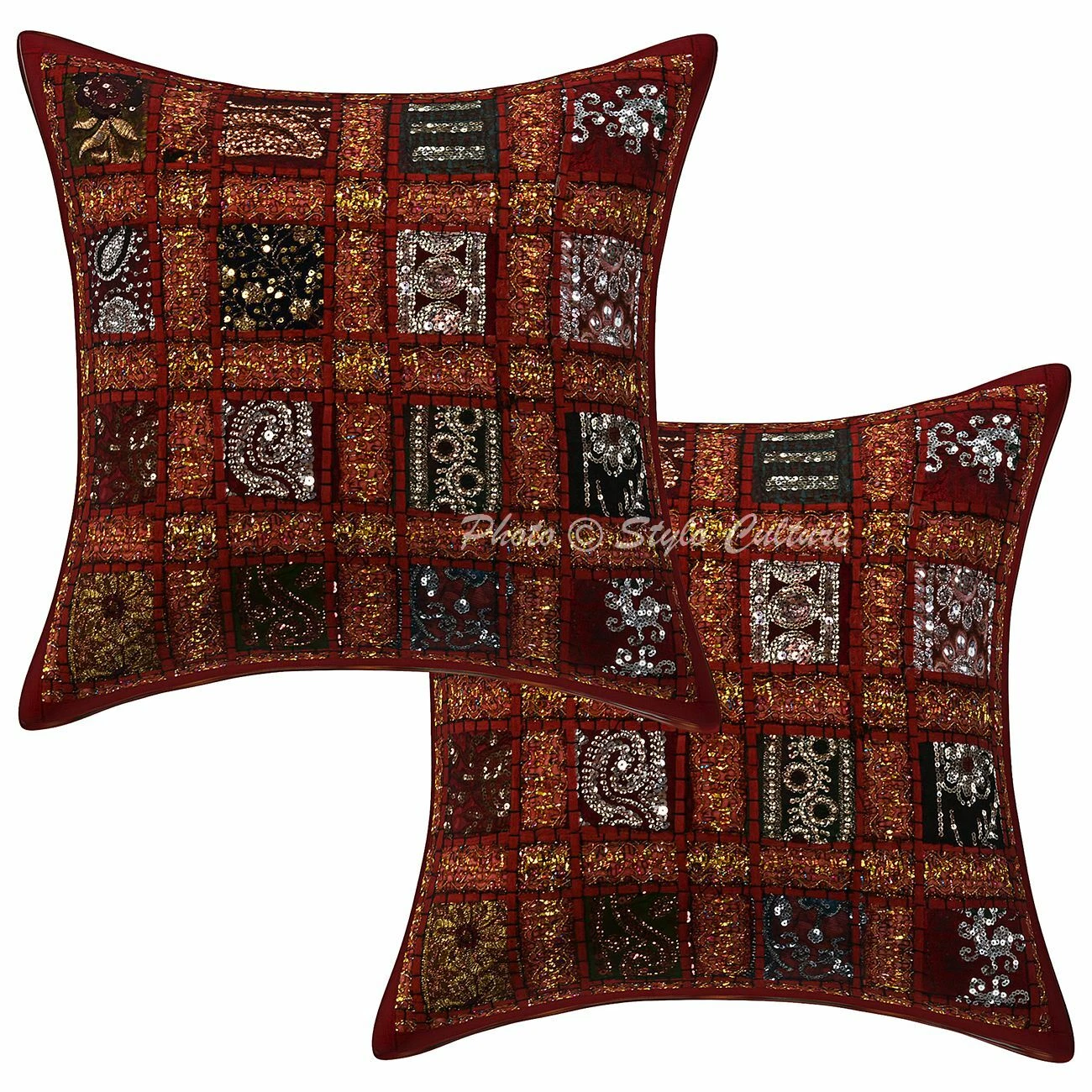 Ethnic Cotton Sofa Geometric 40cm Patchwork Embroidered Sequins Pillow Covers