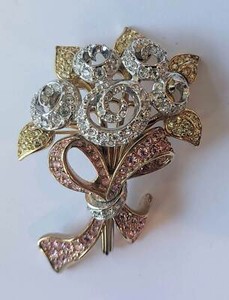 Authentic Swarovski Bouquet Pin with Yellow White Pink Crystals Gold Plated Vintage Brooch