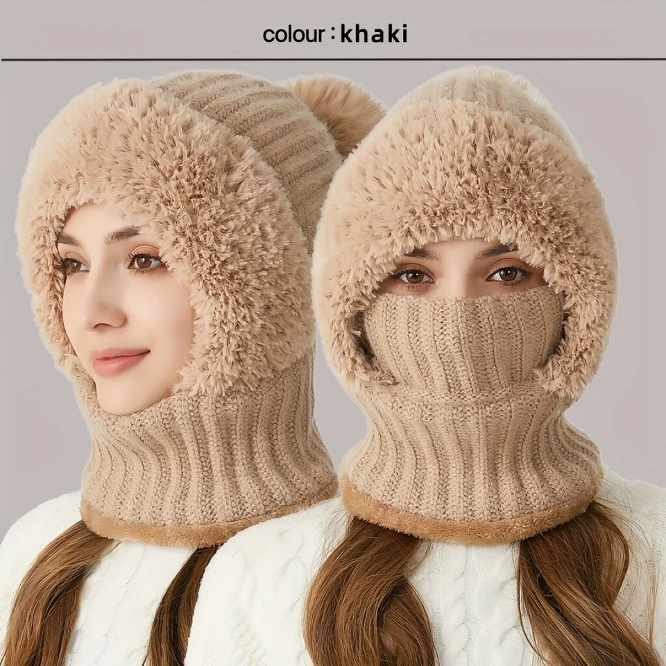 3 in 1 Women Beanie Cap Bobble Scarf Mask Set Knitted Winter Warm Snow Ski Cap - Image 4 of 4
