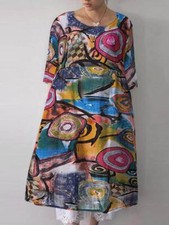 Women Casual Loose Printed O-Neck 3/4 Sleeve Side Pockets Dress SALE