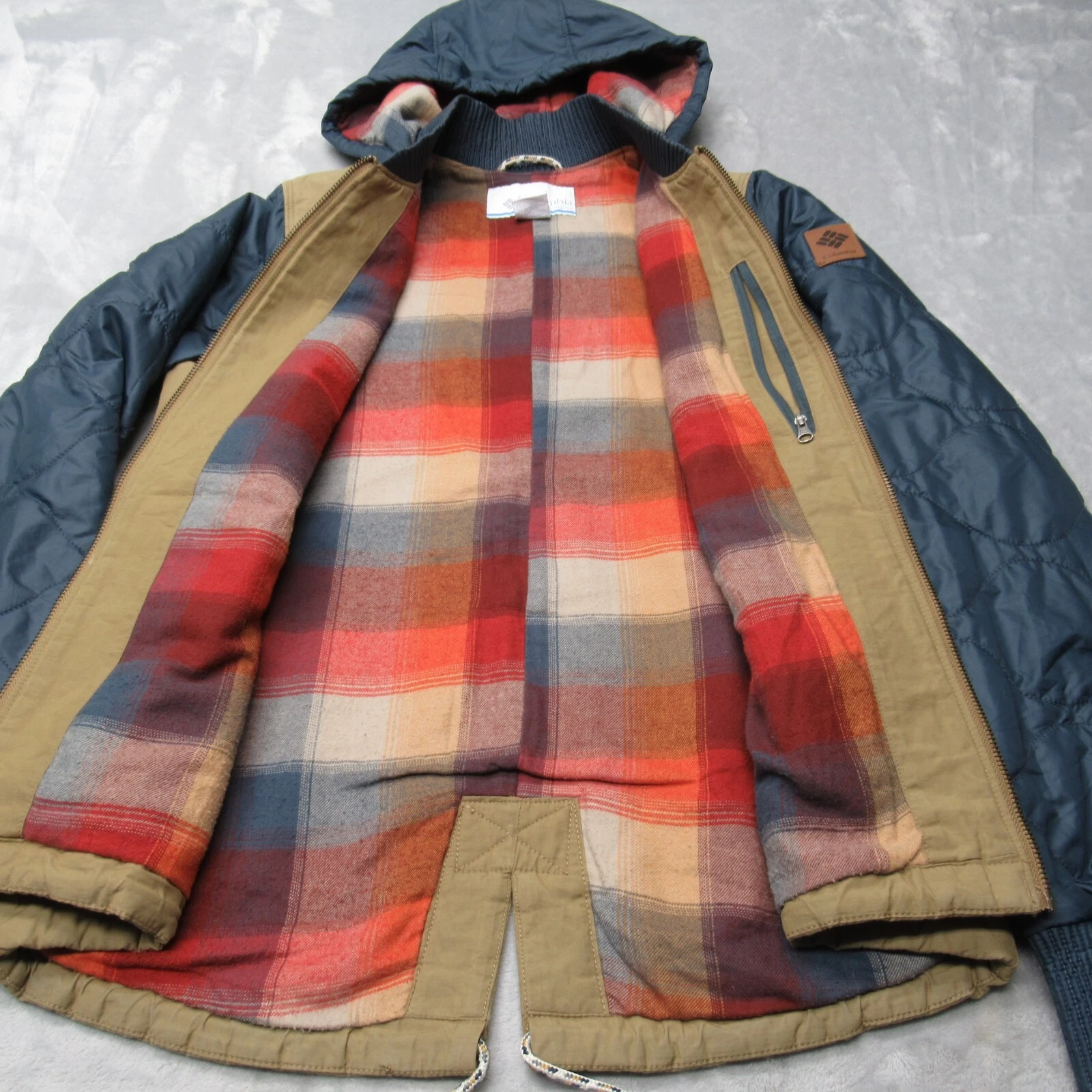 Columbia Jacket Men XS Blue Hybrid Canvas Snap Hood Flannel Insulated Quilted