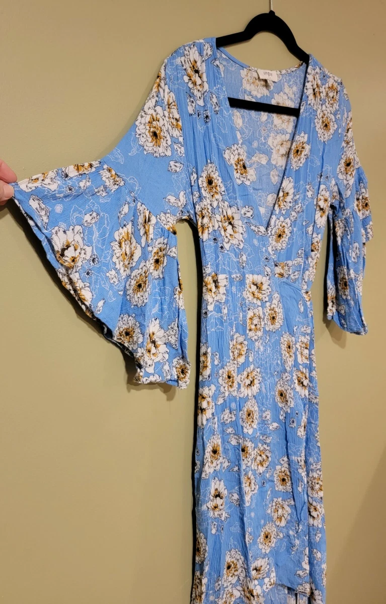 Womens Umgee Wrap Dress Size Medium Blue Floral TASSEL Tie Waist High Low |  eBay