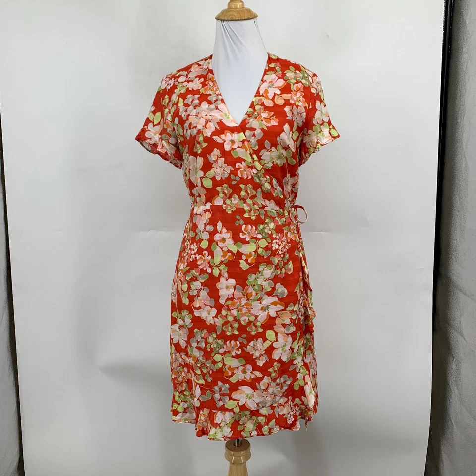 J Jill Dress Women PXS Extra Small Petite Red Floral Ruffle True Wrap Lined Mini - Image 2 of 4