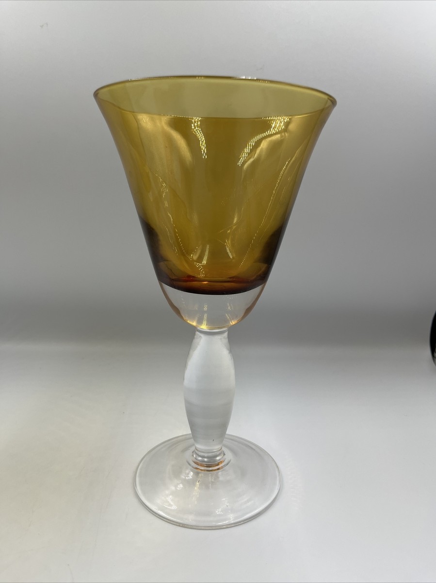 Vintage Amber wide stem wine Water glasses mid century Handblown