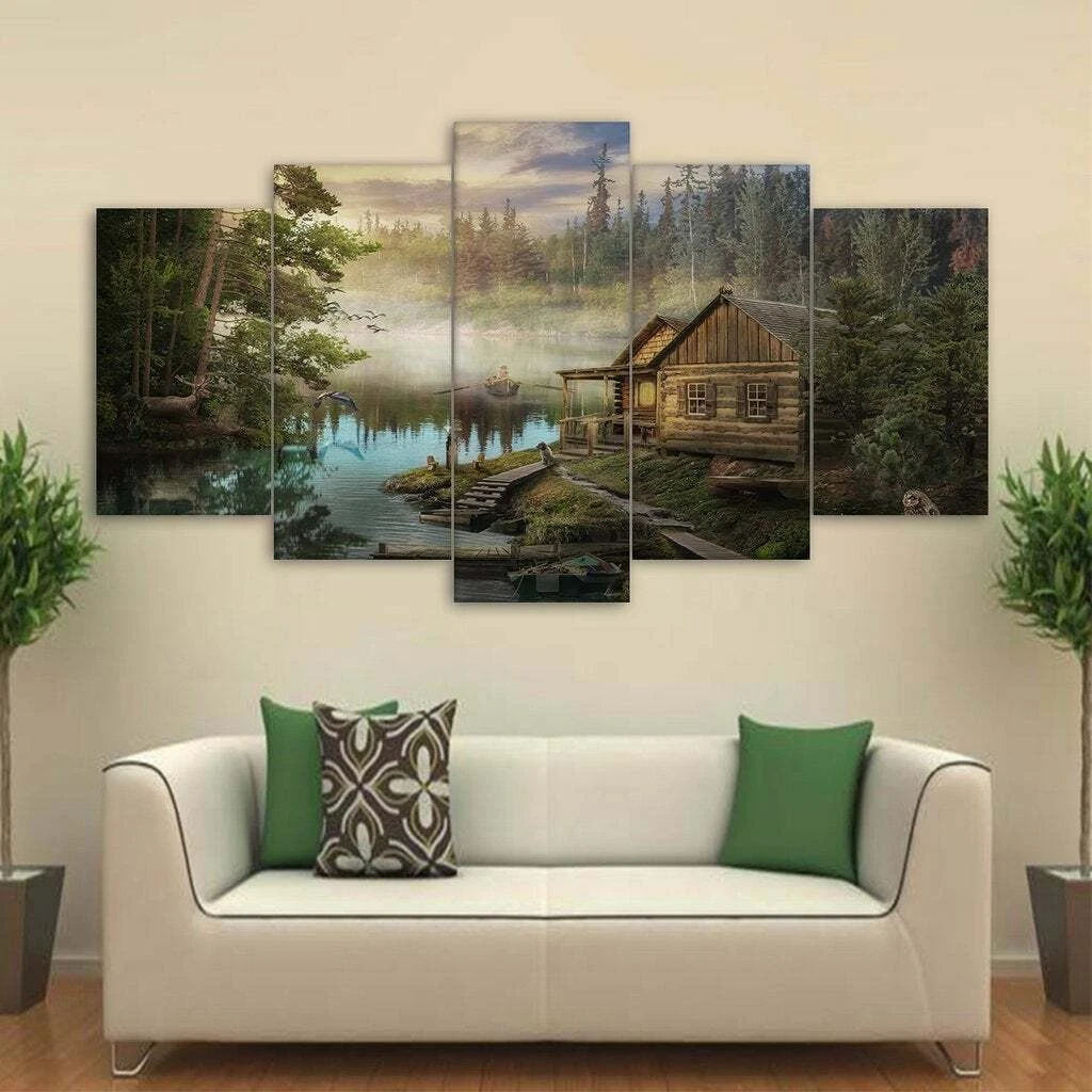Multi Panel Print Cabin on the Lake Canvas Wall Art Mountain Country 5 Piece