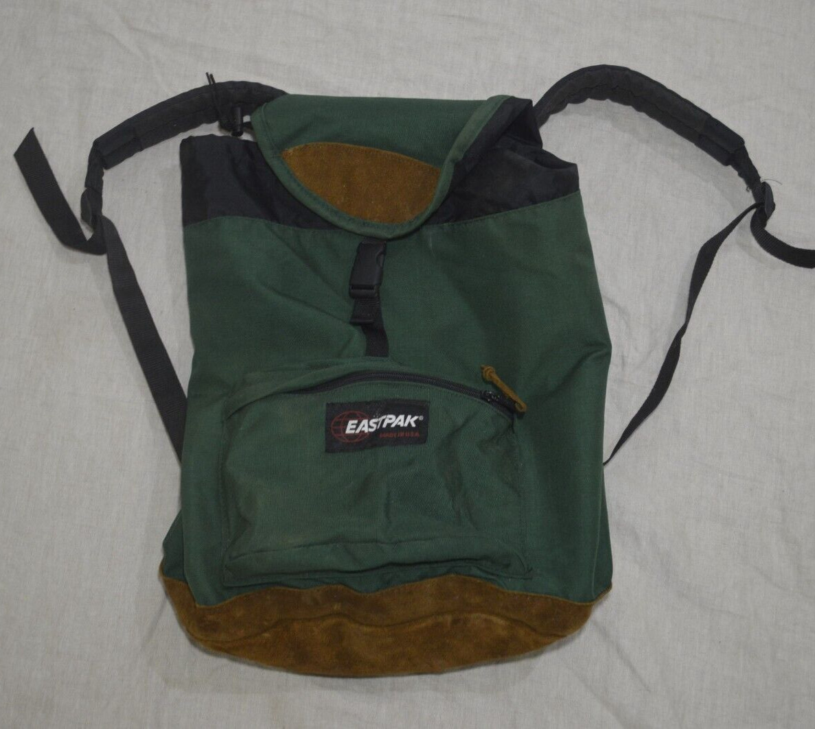 Vintage Rare Eastpak Backpack Green Suede Leather Bottom 90's Made in USA READ!!