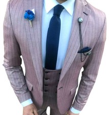 Designer business burgundy red pinstripe men's suit sport coat vest slim fit 46