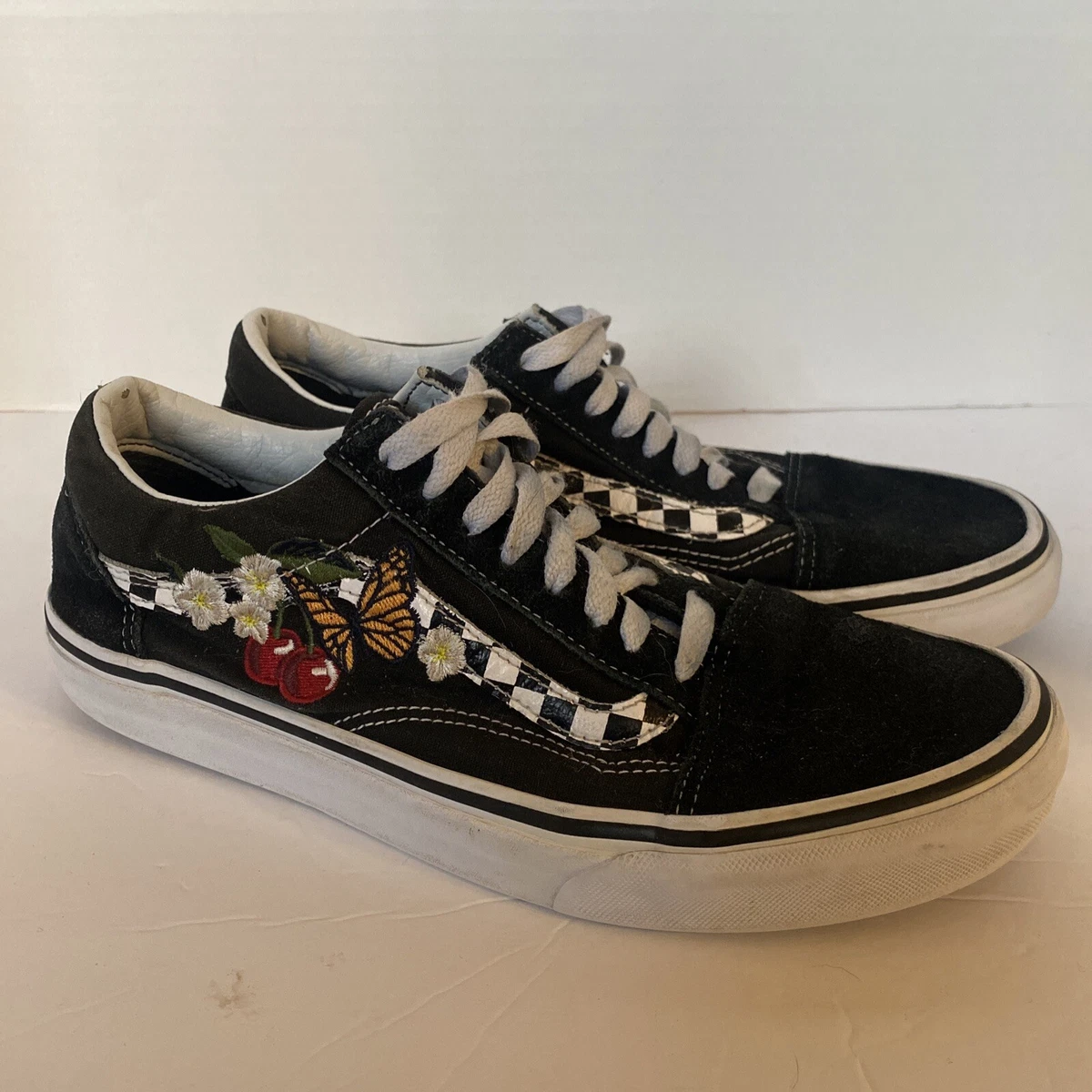 Vans Old Skool Floral Check Shoes - Black/White - 9.5