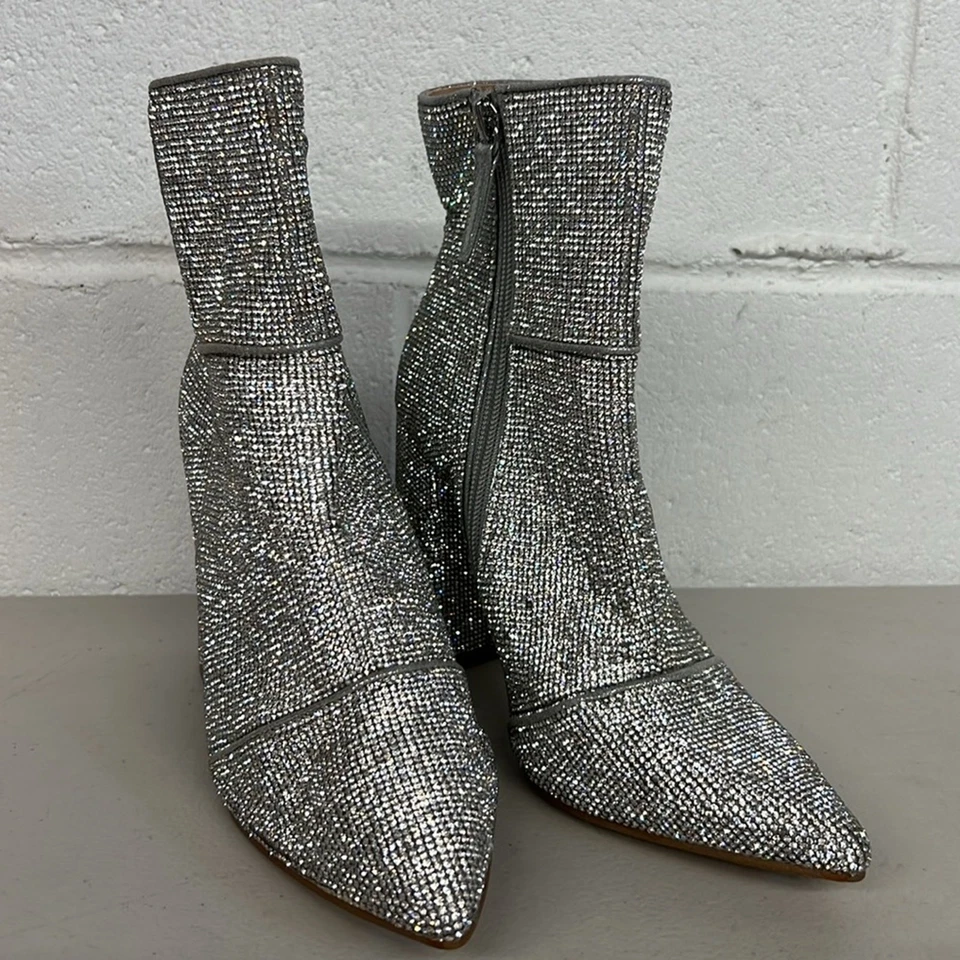 Steve Madden sz6.5 Brillantini Stivaletti Strass Argento a Punta Cowgirl Western - Immagine 2 di 4