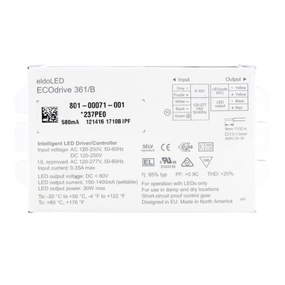 ELDOLED ECODRIVE 361/B INTELLIGENT 0-10V DIMMABLE LED DRIVER, 30W, 120-277V