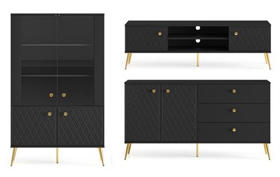 Wohnzimmer-Set Eljot 3-teilig Lowboard Sideboard Vitrine Schwarz Goldfarben