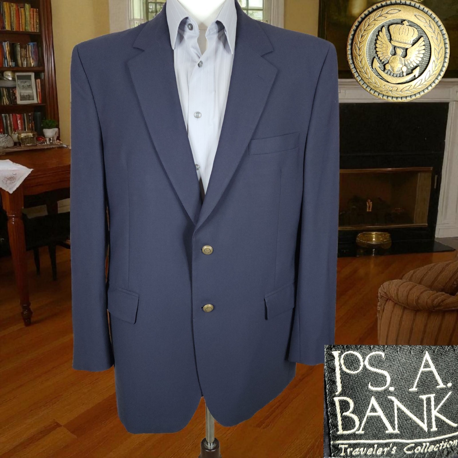 Joseph A Bank Jacket Blazer Mens 43R Navy with Bronze Buttons Wool