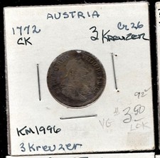 1772 CK 3 Kreuzer AUSTRIA KM1996 World Coin VG