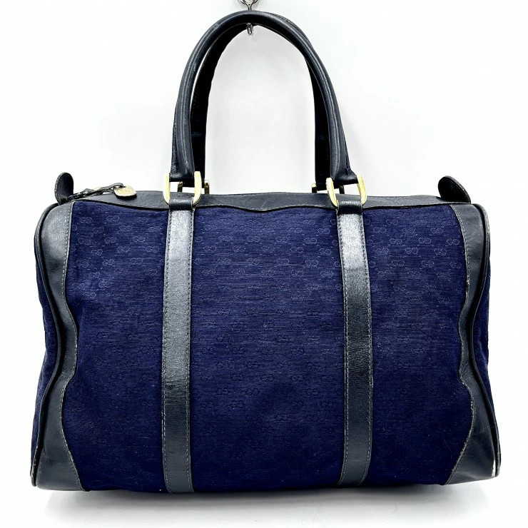 Gucci Vintage Micro Gg Mini Boston Bag Handbag Navy Canvas Leather Gold Hardware