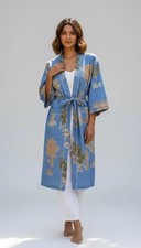Indian Blue Floral Print Cotton Robes Beach Kimono Dress Robe Kimono Maxi Gown