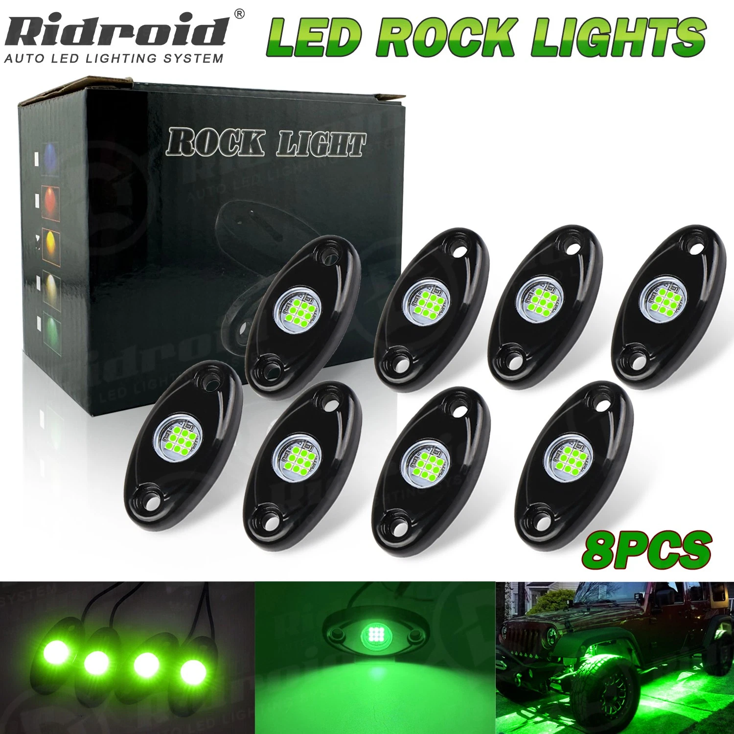 8 Pods Green LED Rock Lights Truck Offroad Car Underbody Trail Rig Glow Lamp