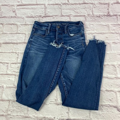 American Eagle Skinny Jeans Stretch Mid-Rise Distressed Button Fly Raw Hem Sz 4