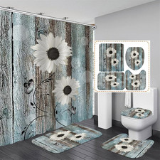 AZHM White Daisy Flower Shower Curtain Sets with Rugs 4 Piece Rustic Flower Flor