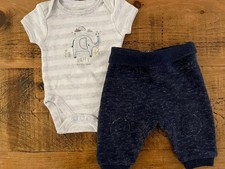 Baby Boy upto 1 month Primark 2 piece outfit joggers bodysuit elephant (37 31)
