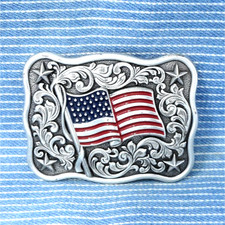 Western Stars  Scroll American Flag Dress Belt Buckle Patriotic USA .CPA969