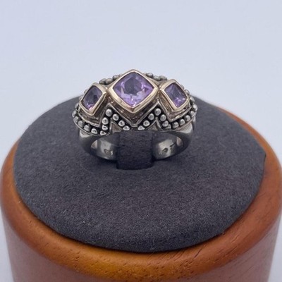 SLC Sterling Silver 925 & 14K Gold Amethyst Ring Three Stone Cushion Cut Ring s7