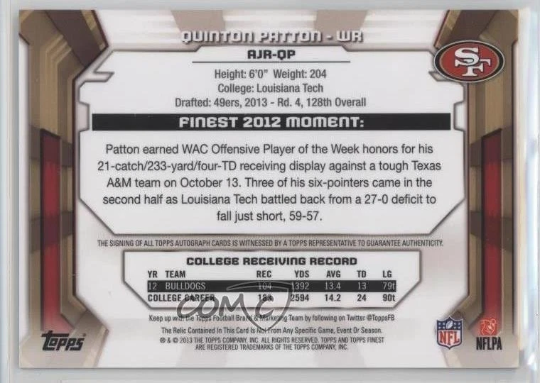 2013 Topps Finest Jumbo Relic Blue Refractor /99 Quinton Patton Rookie Auto RC - Image 2 of 2