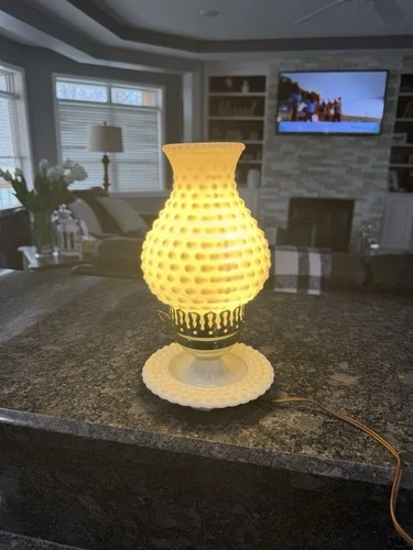 10" Vintage Hobnail Milk Glass Table Lamp White, Electric, Scalloped Edge