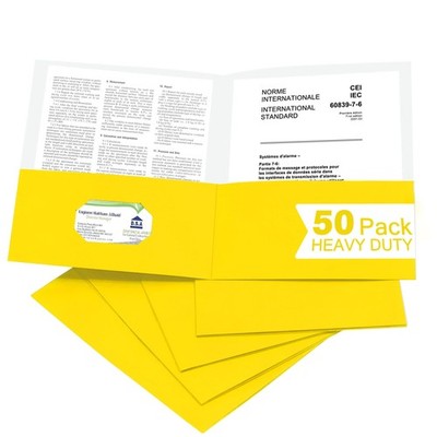 50 Packs Yellow Two Pocket File Folders with Business Card Slot,Textured Pape...