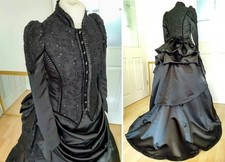 Victorian Black Gothic Wedding Dress Bustle Long Sleeves Vintage Cosplay Vampire