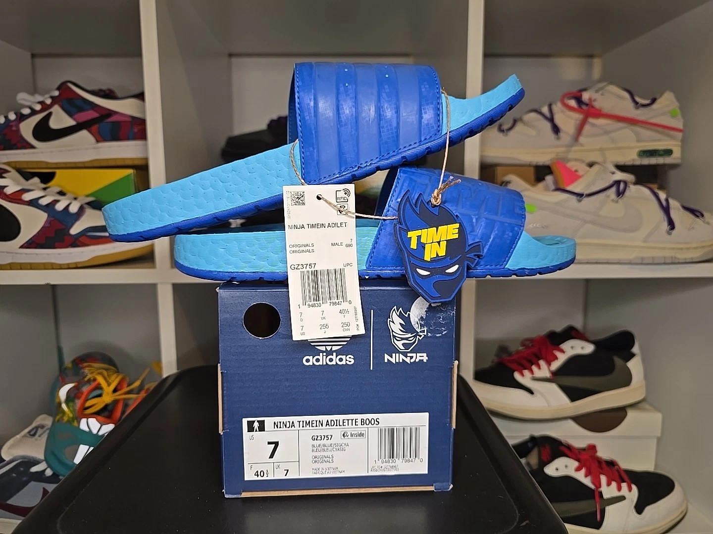Ninja x Adilette Boost Slide Adidas 'Time In Blue Signal Cyan' taglia 7 nuovo con etichette GZ3757