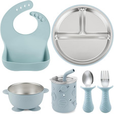 Pandaear 6-In-1 Stainless Steel Baby Feeding Set  Divided Suction Plate, Bowl,